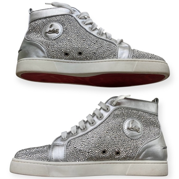 Mens Christian Louboutin Louis High Top Sneakers Silver Metallic Crystal Size 45 - Picture 3 of 12